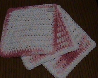 Hand made crochet Pink & White Dishcloths - Set of 3