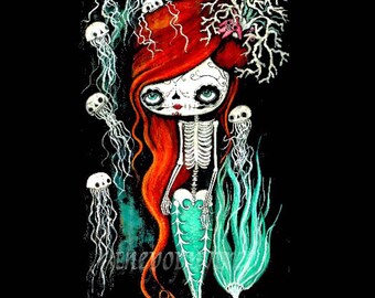 Sugar Skull Print Cute Dead Mermaid Skeleton Wall Art