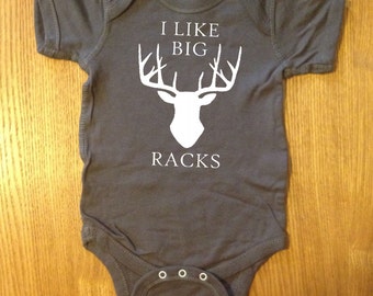 Funny I LIKE BIG RACKS Baby Deer Hunting One Piece Boobs Cute Bodysuit Creeper Romper Jumper Baby Boy Unisex Neutral OakTees. (White vinyl)