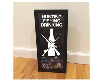 Beer Bottle Cap Holder - Hunting, Fishing, Drinking - Shadow Box (6" x 14") - Vinyl Decal Gifts, Home Bar Accessories