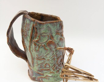 Rustic Distorted Funky 13 oz Root and Stone Textured Coffee Mug, Green, Raspberry, Honey Gold Primitive Wonky, Asymmetrical,Stoneware