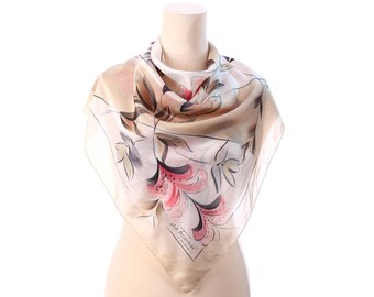 Floral Silk Scarf 70s Designer Abstract Printed Sheer Silk Shawl 1970s Beige Gray Pink Sepia Khaki Boho Vintage Luxury Scarf Womens Gift