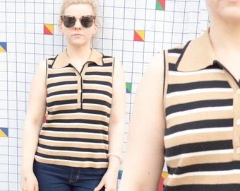 CREAMER 1990s Vintage Striped Sleeveless Womens Blouse Shirt Top Polo