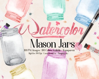 100 Watercolor Mason Jar Clip Arts,300 Dpi Planner Clipart, Scrapbooking, Watercolor Jars, Rustic Wedding, Watercolor Graphic, Bridal Shower