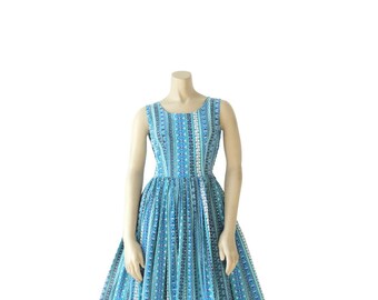 1950s Dress • 50s Mid Century Novelty Print • Shades of Blue • XS S
