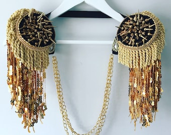 Gold sequin studded festival epaulettes, studded tassel shoulder pads, festival epaulettes, gold tassel shoulderpieces, burning man outfit,