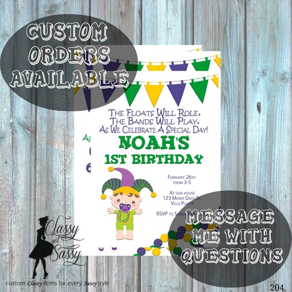 Mardi Gras Birthday Party Invitation, Mardi Gras Party, Parade party, New Orleans Baby, New Orleans Birthday Invitation-204