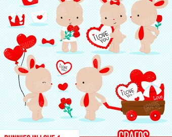 BUNNIES IN LOVE 1 - Digital Clipart Set, Bunnies Clipart, Valentine Clipart, Rabbits Clipart,