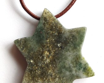 Star shaped Connemara marble pendant necklace, leather necklace. Gold specks