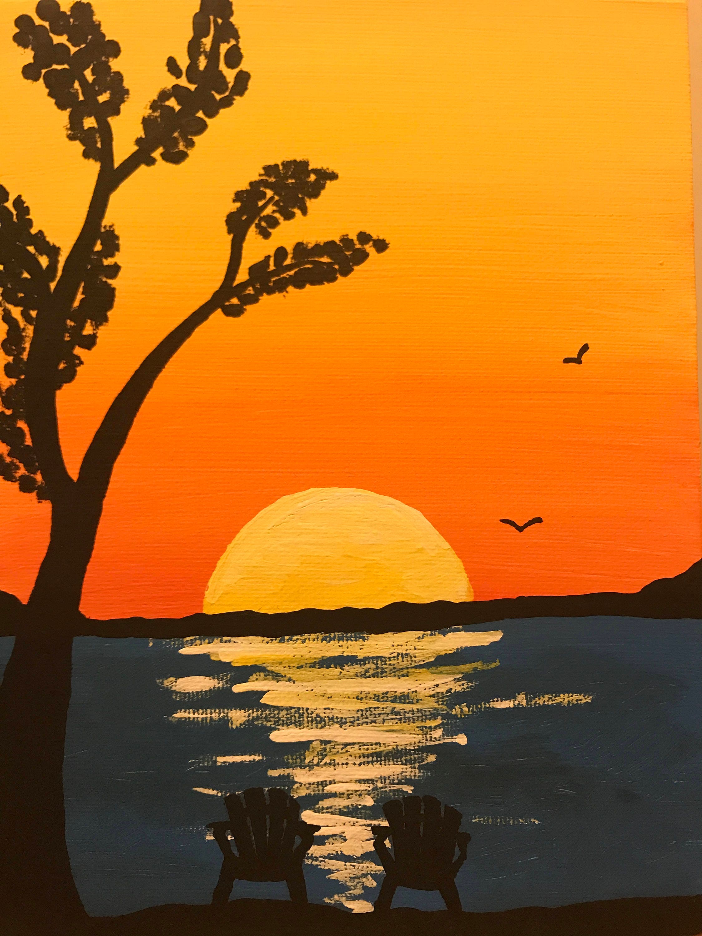 Lake sunset painting silhouette adirondack chairs orange