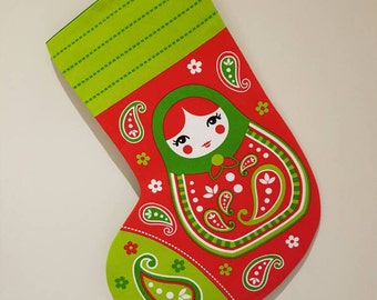 Christmas stocking, russian doll stocking, Christmas stocking, russian doll, babushka stocking, babushka decor