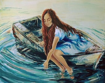 Romantic Wall Art A Girl in the boat Living Room Decor Unique Gift Waterscape Colorful Original Acrylic Art Teen's Room Art New Year Gift