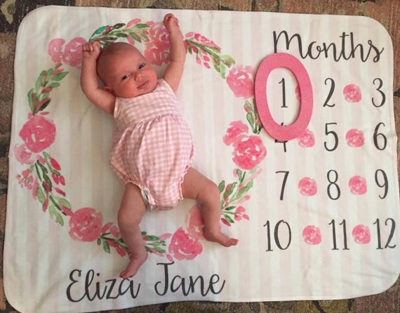 Baby Month Milestone Blanket Striped Grey Floral