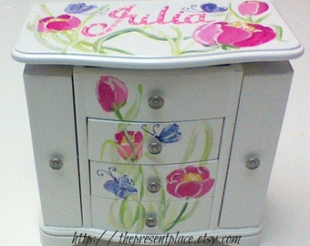 musical jewelry box,Large white hanging jewelry box,four drawers,pink tulips,purple butterflies,Personalized,girl jewelry box,kids boxes