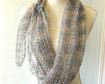 Handknit Lace Shawl Scarf Neckwrap - Blue and Tan with Crystals