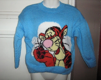 Hand knit sweater blue jacquard with Tiger 6 years.
