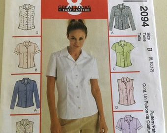 Button Front Shirt Pattern, McCalls 2094, Camp Shirt Pattern, Classic Button Up Shirt Pattern, Blouse Pattern, Size 8, 10, 12