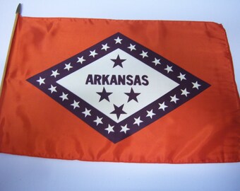 Vintage Silk Arkansas Flag, Flag 17.5" x 11.5", On Small Wooden Stake, Estate Find, Selling As Found, Stapled On Dowel, Very Rare Flag