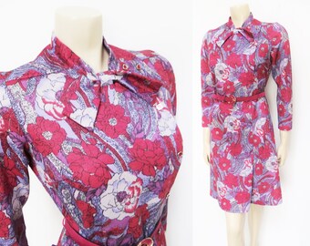 Vintage Dress, UK10, 70s Dress, Designer, Christmas Dress, Boho Dress, Hippie Dress, Belted Dress, 70s Dress, Red Dress, Floral Dress