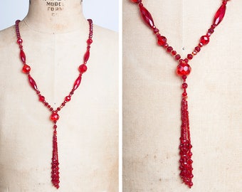 Vintage 1920s Red Cut Glass Beaded Tassel Flapper Necklace // Roaring 20s // Great Gatsby // Art Deco // Baby Vamp // Jazz Age