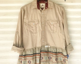 Size SMALL - Pearl Snap - Repurposed Beige Pearl Snap - Jacket - Contrasting Fabric Trim - Revamp