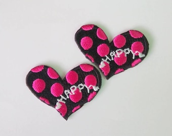Set of 2 Pieces Embroidered Black/Pink Heart Iron on Patch (1 1/2" x 1 1/8")