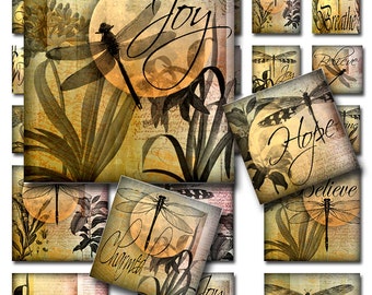 Dragonflies Moon Ephemera 1 and 2 inch Squares Instant Download Digital JPEG Images (S-9)