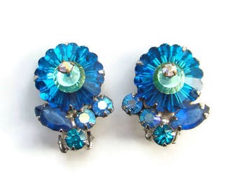 Vintage Juliana Teal Blue Margarita Rhinestone Clip Earrings DeLizza Elster