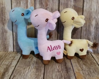 Personalized Stuffed Animal Giraffe with Name. Yellow, Blue, or Pink. 9 inch plush.