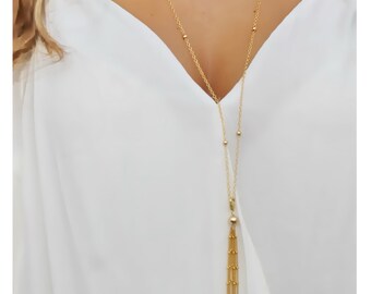 Collier long gland Collier or collier en couches • beaucoupdebeads • • B137 à pompon gland d’or collier • l’or à long