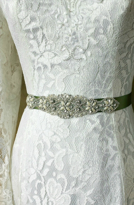 Rhinestone Sash Green Sash Green Wedding Belt Bridal Beaded