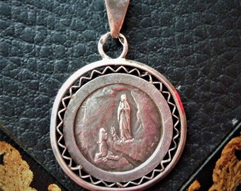 Vintage Lourdes Sterling Saint Medal Antique France Our Lady Immaculate Conception Saint Bernadette Medal Solid Silver Religious Pendant