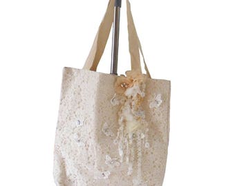 Embroidery Butterfly Lace Tote Bag, Bridal Tote, Bridal Bag, Lace tote, Chic, Butterfly Lace, Cream White Tote, Handmade Butterfly Tote,