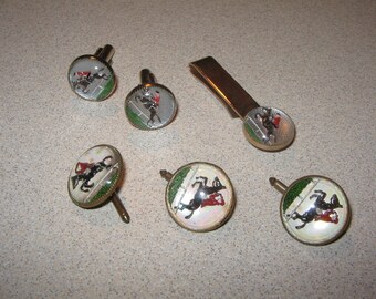 Set Cufflinks Shirt Studs and tie clip Horse Vintage Costume Jewelry #4186