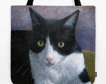 Tote Bag Cat 577 Tuxedo All over print from art painting L.Dumas Artbylucie Totes
