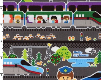 Kokka Fabric, Push Pin Fabric - Hello My Friend Trains HG 2305 Gray - Priced by the 1/2 yard