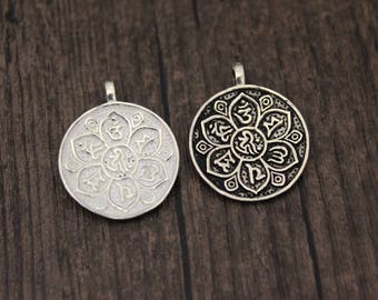 Sterling silver Lotus pendant,lotus flower charm,Tibetan Om Mantra Lotus charm,Buddhism OM charm, om pendant, yoga charm, yoga jewelry