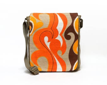 Vintage Fabric Upcycled Canvas Messenger Bag, Orange Shoulder Bag, Retro Crossbody Bag by EllaOsix