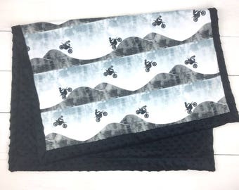 Motocross Baby Blanket, motorcycle minky blanket, bike blanket, gray black white blue blanket, boy blanket, cuddle, baby shower gift, birth