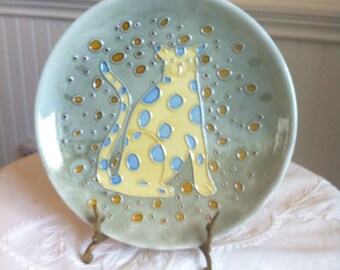 Vintage Cat Pottery Plate - Soft Green with Raised Yellow Feline Design - Purrrfect Gift for the Cat Lover