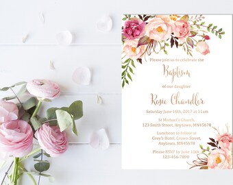 Rose Gold Boho Baptism Invite, Printable Boho Floral Baptism Invitation, Girl Christening Invitation, Pink Naming Day Invite Download 308-RG
