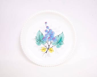 Vintage Westmoreland Plate Beaded Edge Milk Glass Plate Hand Painted Grape Cluster Dessert Salad Plate