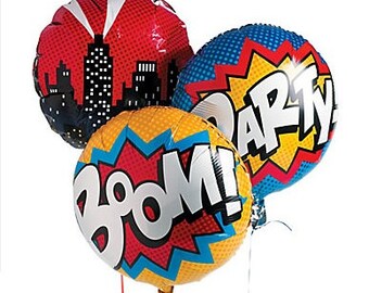 Sale 6 SUPERHERO PARTY BALLOONS Birthday Super Hero Theme Comic Book Pow Bang Bam Kapow Superman Spiderman Batman Lightning Boom Gotham City