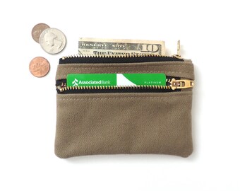 Canvas Wallet Pouch Double Zipper Coin Purse Slim Wallet Tan