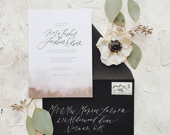 Watercolor Dip Style Calligraphy Wedding Invitation // Available in Letterpress or Gold Foil