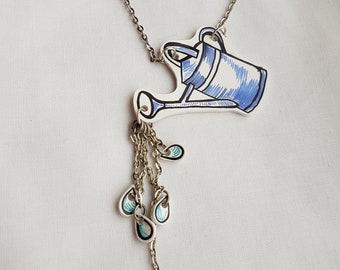 Watering can necklace, with water drops