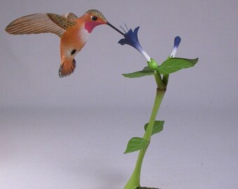 Open-winged Rufous Hummingbird Hand Carved Wooden Bird