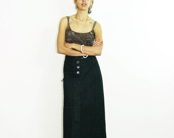 BLACK DENIM SKIRT, 90s jeans skirt, button skirt, button denim skirt, vintage maxi skirt, maxi denim skirt, cargo skirt, black denim, size S