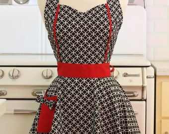 Retro Apron Black and White Deco Tiles with Red MAGGIE