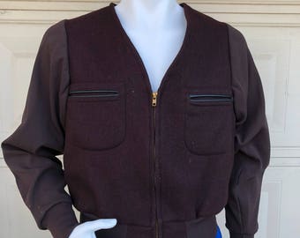 Vintage 70s Mens Wool Jacket 1970s Zip Up Eggplant Jacket by West Point Size 38R-40R